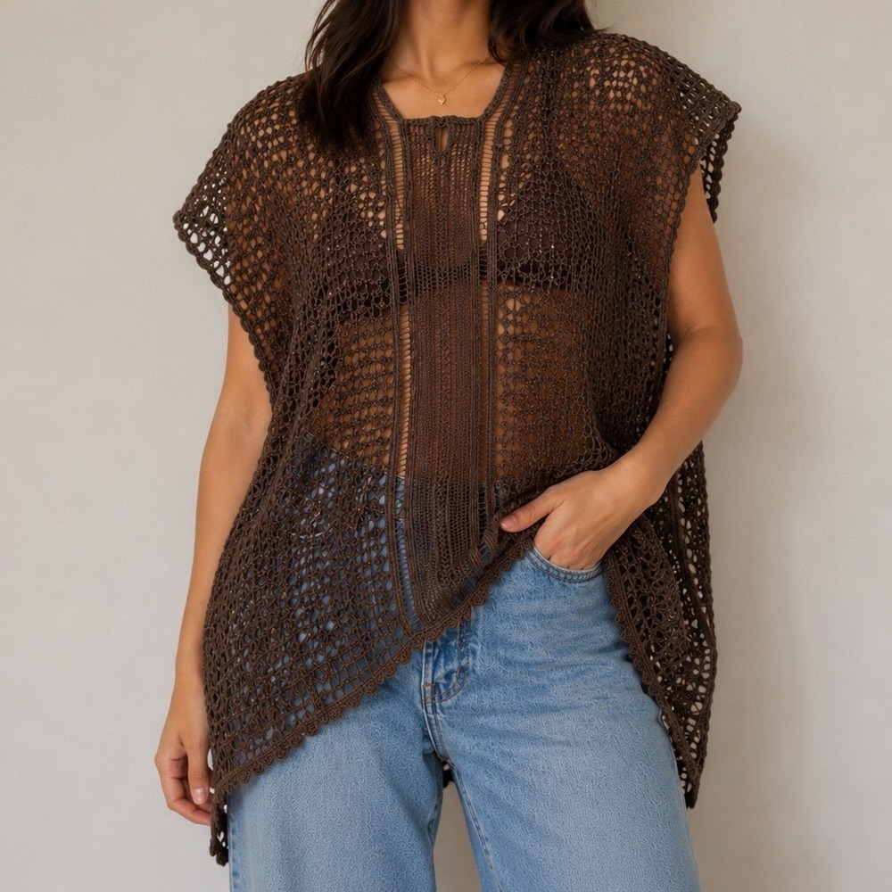 XCVI Brown Crochet Poncho Top Sheer Cotton Knit Cover Up One Size t3